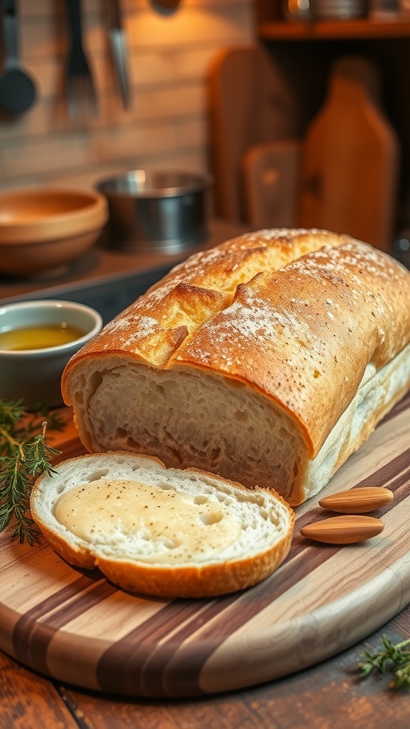Homemade Gluten-Free Bread Recipe A golden brown loaf of gluten-free bread sliced on a wooden board, with herbs and olive oil in the background.